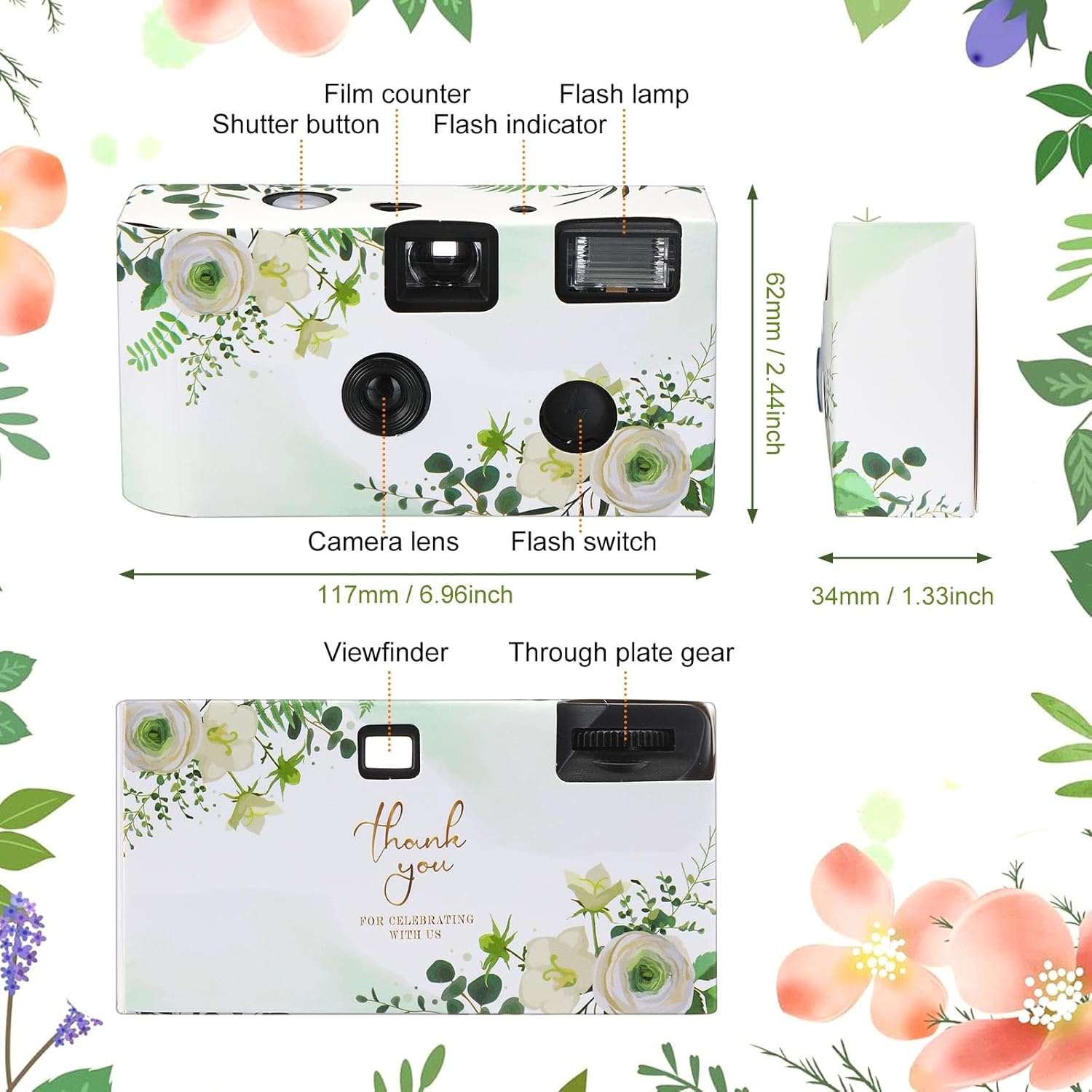 Kanayu 10 Pack Disposable Camera for Wedding Floral 35mm Single Use Film Camera with Flash One Time Use Camera for Anniversary Concert Travel Camp Party Supply Gift Honeymoon(White Rose) - Image 3