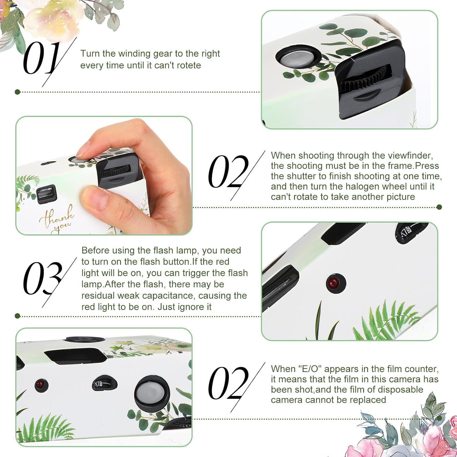 Kanayu 10 Pack Disposable Camera for Wedding Floral 35mm Single Use Film Camera with Flash One Time Use Camera for Anniversary Concert Travel Camp Party Supply Gift Honeymoon(White Rose) - Image 4