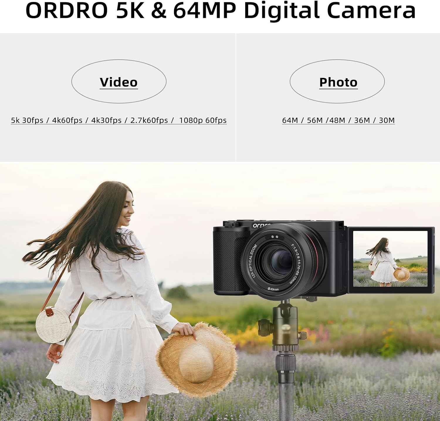 ORDRO G730 5K Mirrorless Camera 12x Optical Zoom, 3.2" Vari-Angle Touchscreen, Auto/Manual Focus for Vlogging and Photography - Image 2